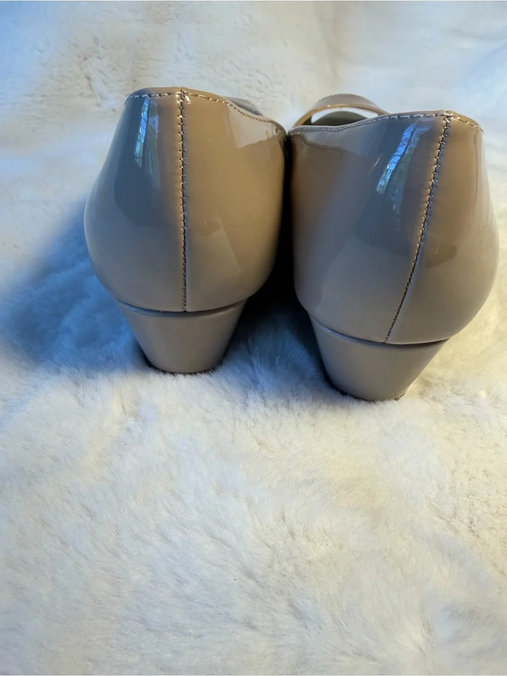 Bandolino Taupe Patent Peep-Toe Wedge Pumps - Size 7.5
